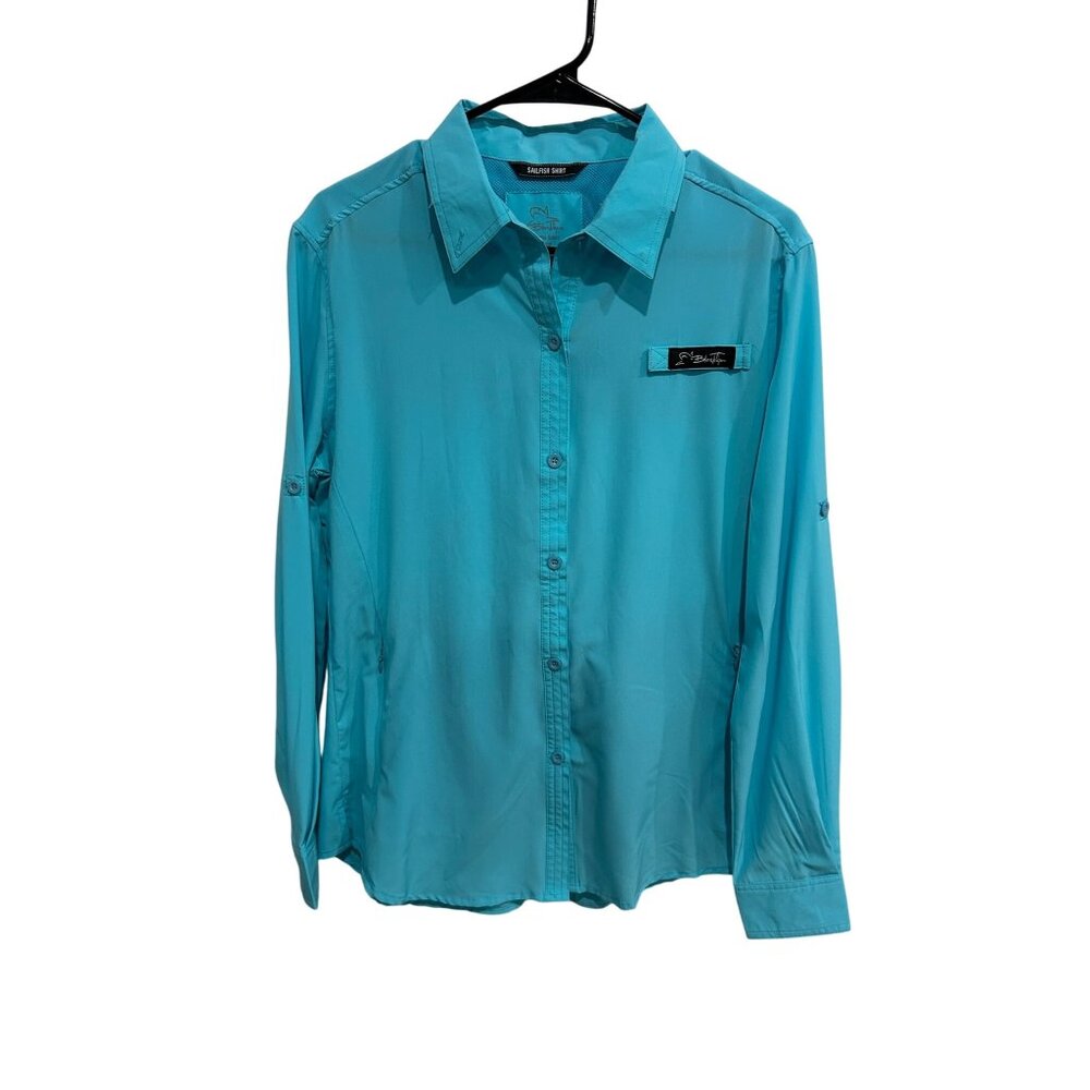Blacktip Sailfish Vented Shirt Blue Sz Large Button Up Roll Tab Sleeve Outdoor